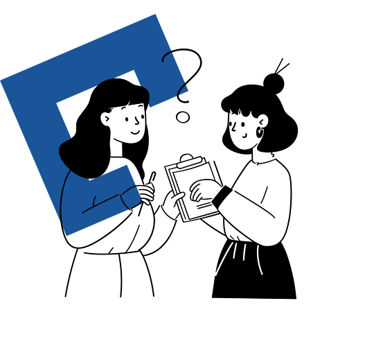 Illustration de deux personnages discutant, l’un avec un bloc-notes et l’autre avec un stylo, devant une forme bleue, pour présenter le concept de site Onepage.