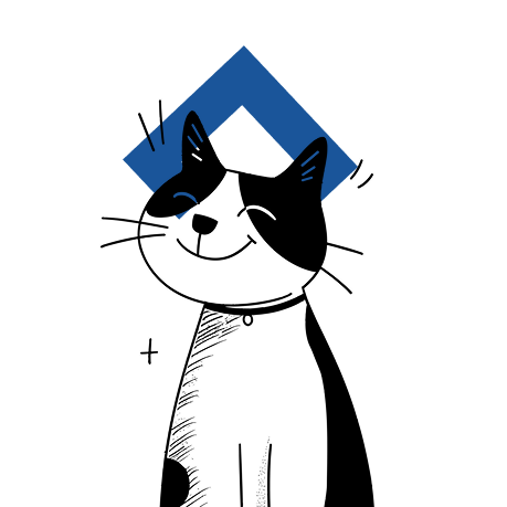 Illustration d’un chat noir et blanc souriant devant une forme bleue, utilisée pour présenter la définition d’un site vitrine.